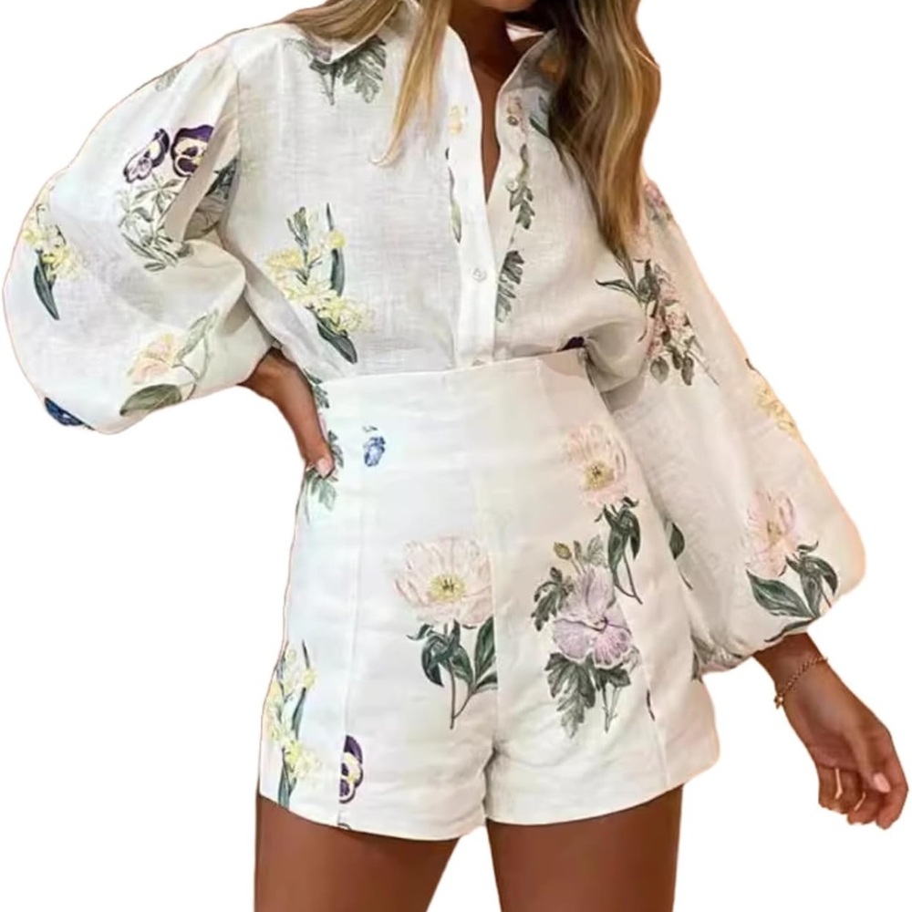 White Floral  Two-Piece Set - Puff Sleeve Button Top + High-Waist Shorts